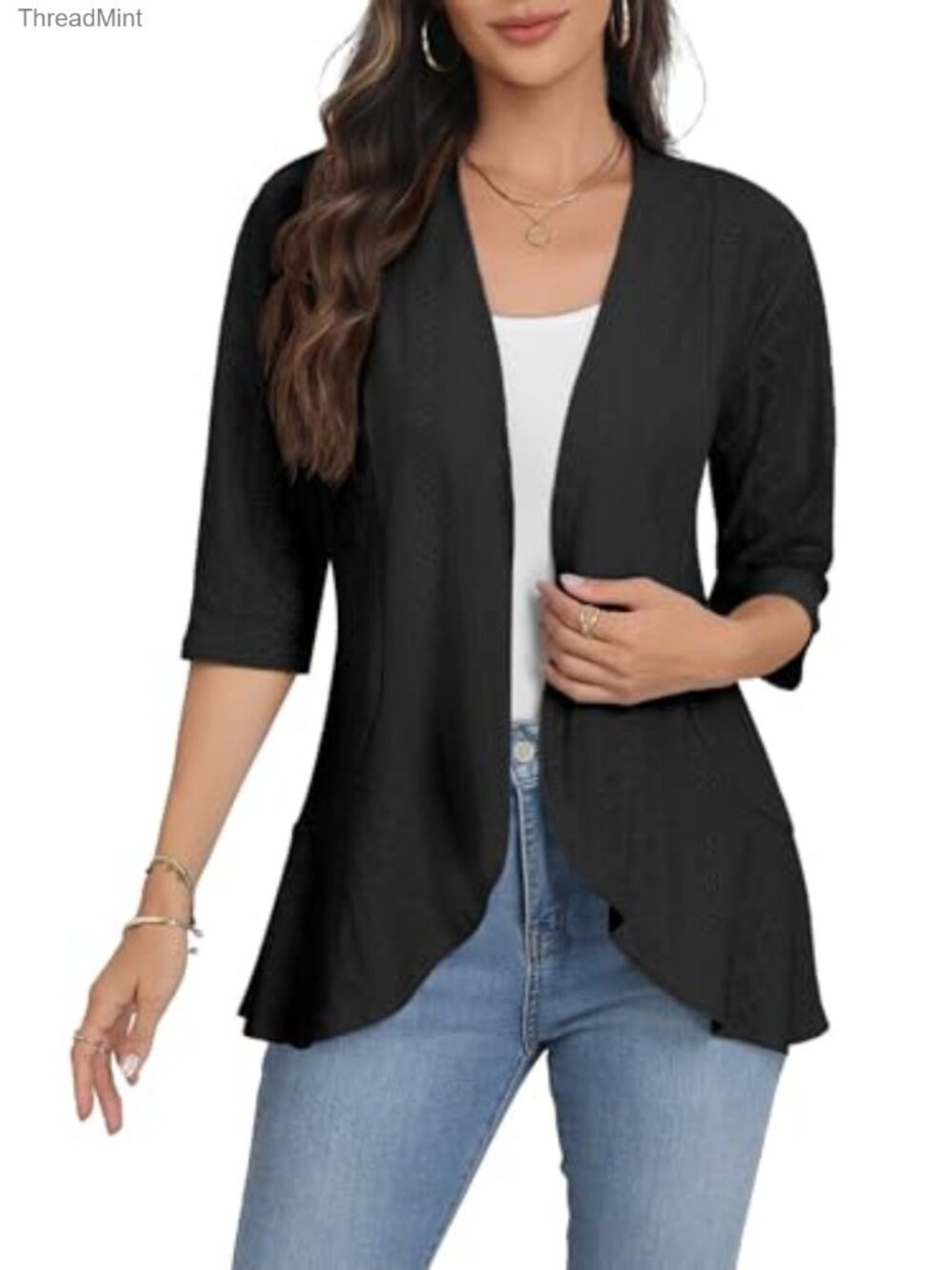 Open Front Eyelet Knit Ruffle Cardigan Kimono Cover Up 3/4 Sleeve Lightweight